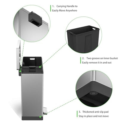 SIMPLYKLEEN 40 Liter / 10.5 Gallon Kitchen Trash Can with Lid, Large Step Garbage Can, Soft-Close Trash Bin for Bathroom Office, Brushed Stainless Steel - color: Silver, size: 40L Rectangle 1PC
