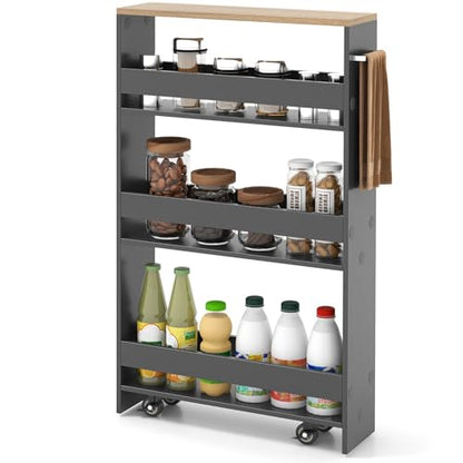 COSTWAY Slim Rolling Storage Cart, 4-Tier Rolling Utility Cart, Wood Kitchen Storage Cart with Handle & Wheels, Narrow Rolling Shelving Unit for Kitchen Bathroom Laundry Small Places (Grey) - color: Grey
