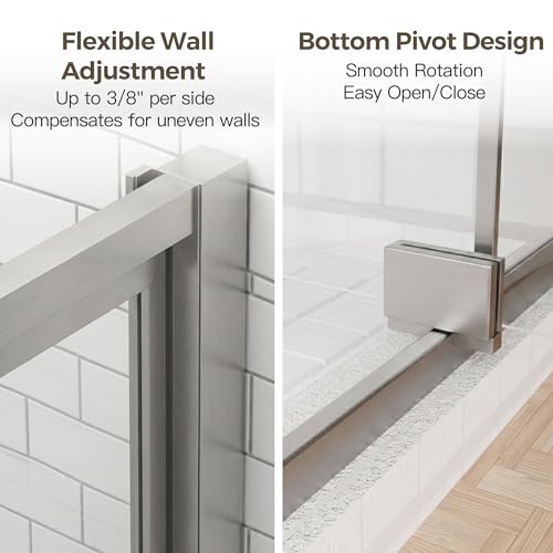 44-48" W x 72" H Pivot Shower Doors, Semi-Frameless Swing Water Repellent Glass Shower Doors with 1/4" (6mm) Clear SGCC Tempered Glass, Chrome Finish, Reversible Installation, Magnetic Closing | 1/4" (6mm) Clear SGCC Tempered Glass with a 24.8" walk-in op