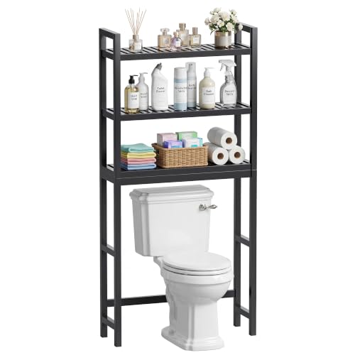 SMIBUY Bathroom Storage Shelf, Bamboo Over-The-Toilet Organizer Rack, Freestanding Toilet Space Saver with 3-Tier Adjustable Shelves (Black) - color: Black