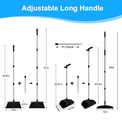 Broom and Dustpan Combo Set, 51" Long Handle with Squeegee | Black Complete Cleaning Kit, Floor Squeegee for Wet & Dry Messes, Built-in Comb Dustpan for Home & Pet Areas - color: Black