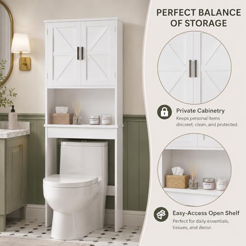 66" H White Bathroom Cabinet Over Toilet with Doors; Adjustable Shelf Bathroom Organizer Unit Featuring Freestanding MDF Wood Over the Toilet Cabinet Frame for Restroom (B) - color: B