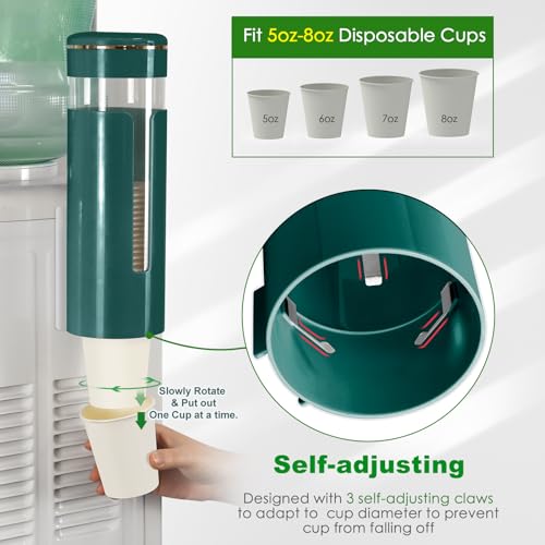 Wall Mounted Cup Dispenser for 5oz-8oz Disposable Cups - Pull Type Water Cooler Cup Holder with T-Shaped Window & Iron Clips, Dustproof Design for Family Bathroom, Office, Gym, Clinic (Green)