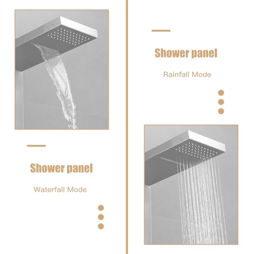Brushed Nickel Shower Panel System Stainless Steel Rainfall Shower Tower | 4-Functions with 8 Adjustable Water Massage Nozzles Handheld Showerhead Wall Mounted Shower Panels by BATHLAVISH - color: Nickel