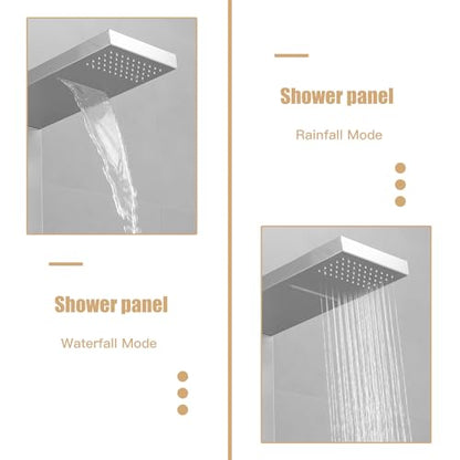 Brushed Nickel Shower Panel System Stainless Steel Rainfall Shower Tower | 4-Functions with 8 Adjustable Water Massage Nozzles Handheld Showerhead Wall Mounted Shower Panels by BATHLAVISH - color: Nickel
