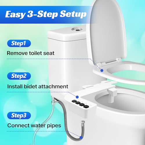 Ultra Thin Non-Electric Bidet Attachment with Dual Self-Cleaning Nozzles | Adjustable Water Pressure, One Click Detach, Fits Most Toilets, Cold Water, Rotate Button Control,White,Square