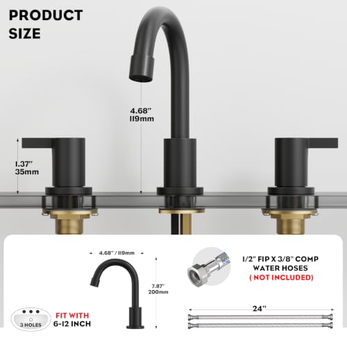 8 Inch 3-Hole Low-Arch 2-Handle Widespread Bathroom Faucet with Valve and Metal Pop-Up Drain Assembly,Matte Black, WF15-1-MB - color: Black