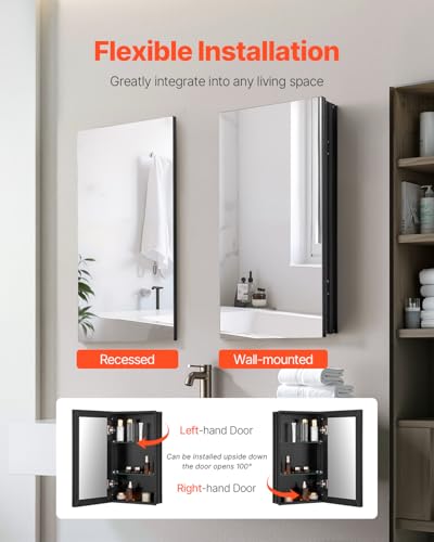 VEVOR Medicine Cabinet, 14 x 24 inches, Medicine Cabinet for Bathroom with Mirror, Aluminum Frame Bathroom Wall Cabinet, 2-Layer Adjustable Shelves, Recessed & Wall-Mounted Installation - size: 14x24in