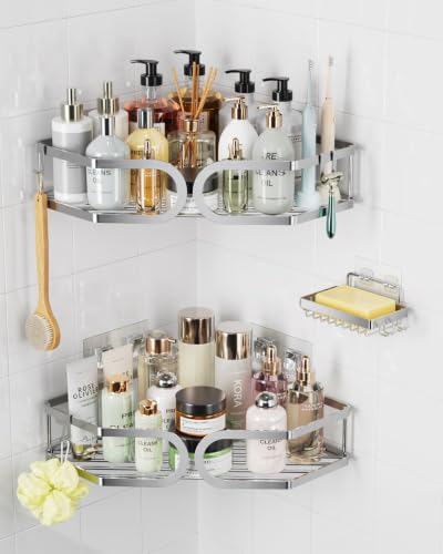 Corner Shower Caddy 3 Pack with Soap Holder No Drill Wall Mounted 304 Stainless Steel Durable Large Capacity Adhesive Shower Rack Organiser Quick Dry Rustproof Bathroom Storage Shelves(Silver) - color: Coner Silver, size: 3 Pack