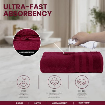 Bath Towels Set of 4 Extra Large Towels set, 30x60 In, 100% Uzbek Cotton 600 GSM, Oeko-TEX, Larger & Lighter Weight, Quicker to Dry, Super Soft and Absorbent, Perfect for Bathroom–Burgundy - color: Burgundy
