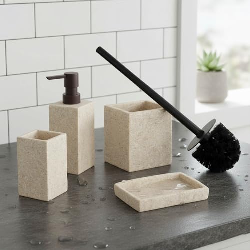 Collection Stone Effect Bath Accessory Set-4 Pieces, Resin, Tumbler,Natural | Soap Dispenser, and Toilet Brush Holder, Contemporary, Durable Construction, Bathroom Accessories Set, Housewarming Gift Set - size: Natural