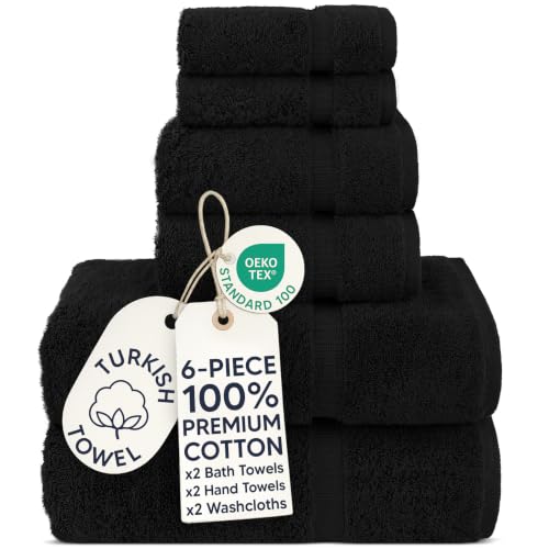 Chakir Turkish Linens 6 Piece Towels Set, 100% Cotton Luxury Turkish Towels for Bathroom, Soft Absorbent Bath Towel Set with 2 Bath Towels 2 Hand Towels 2 Washcloths, Black - color: Black