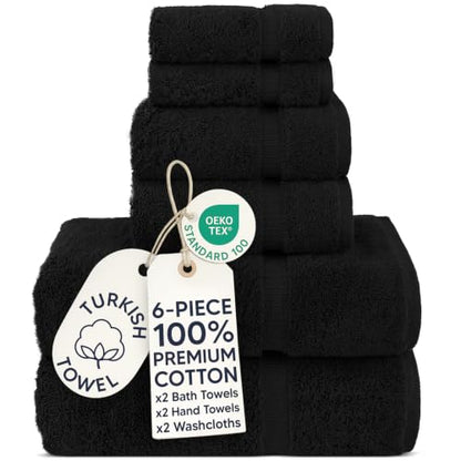 Chakir Turkish Linens 6 Piece Towels Set, 100% Cotton Luxury Turkish Towels for Bathroom, Soft Absorbent Bath Towel Set with 2 Bath Towels 2 Hand Towels 2 Washcloths, Black - color: Black