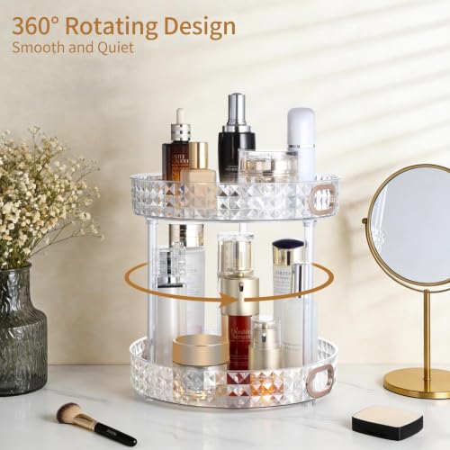 360 Rotating Perfume Organizer, 2 Tier, Diamond Pattern, Clear | 10.6" Large Rotating Makeup Organizer for Vanity, Bathroom Countertop Organizer, Lazy Susan, Skincare Lotion Perfume Storage - size: 2 Tier