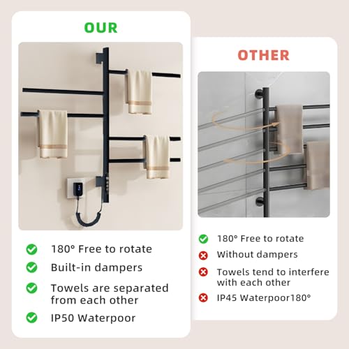 180°Rotation Electric Heated Towel Rack Wall Mounted Towel Warmer Racks 5 Bars Hardwired & Plug-in Hot Towel Rack with 1H-9H Timer for Home Bathroom Salons and Spas (Black) - color: Black, size: G63