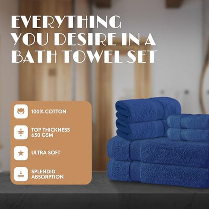 Navy Bath Towel Set of 6 - 100% Cotton Highly Absorbent Towels for Bathroom, 2 Luxury Bath Towels 650GSM, 2 Hand Towels, 2 Washcloths - color: Navy Blue