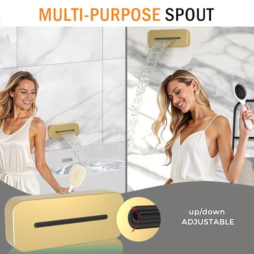 Thermostatic Digital Dual Rain Heads Tub Shower System Can Run Together | 4-Way Shower Faucts Set with Waterfall Spout, 12" Rainfall + 6" Tilted Shower and Brass Handheld, Brushed Gold - color: Brushed Gold, style: 12” + 6" + Spout