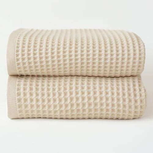 Premium Waffle Bath Towels Pack of 2 Extra Large 35x71 inch - 100% Turkish Cotton, Waffle Weave, Quick Dry, Lint Free, Oversized, Thin Bath Sheet Towel (Natural, Set of 2 Bath Towels) - color: Natural, size: Set of 2 Bath Towels
