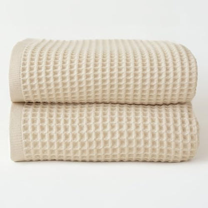Premium Waffle Bath Towels Pack of 2 Extra Large 35x71 inch - 100% Turkish Cotton, Waffle Weave, Quick Dry, Lint Free, Oversized, Thin Bath Sheet Towel (Natural, Set of 2 Bath Towels) - color: Natural, size: Set of 2 Bath Towels