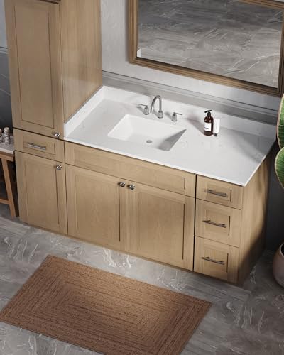 63" Bathroom Vanity with Linen Storage Tower and 4 Drawers, Carrara Quartz Top and Ceramic Sink, Left or Right Tower Option, Solid Wood Frame, 64" x 22" x 72" (Natural Oak, Left Tall Cabinet) - color: Natural Oak