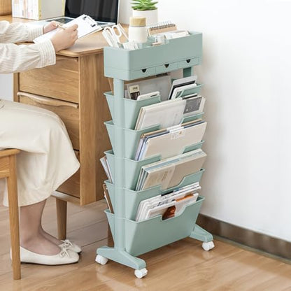 5 Tier Rolling Book Cart Multi-Functional Movable Storage Bookshelves | rolling bookshelf,Movable Storage Bookshelves with Lockable Wheels for Study Office Library Classroom, - color: Blue