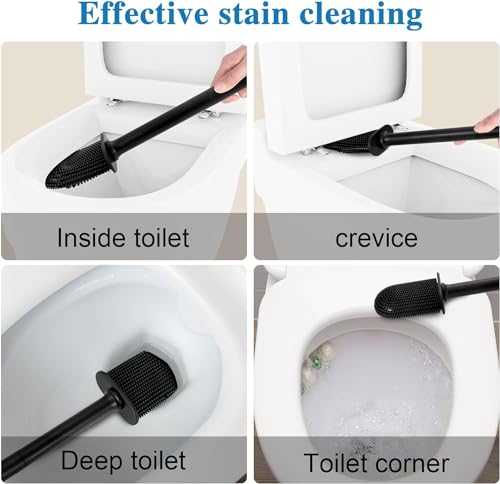 Silicone Toilet Brush and Holder Bendable Efficient Cleaning Wall Mounted Toilet Bowl Brush with Long Handle Brush Head and Silicone Bristles No Rusty Handles Problem (Black) | Bendable Efficient Cleaning Long Handle Efficient Cleaning RV Compact Bathroom