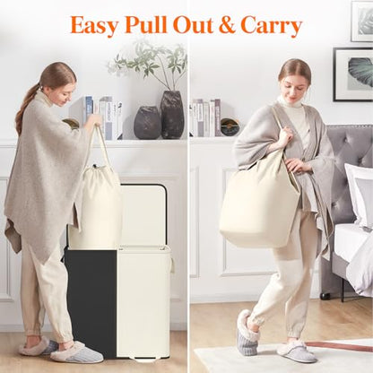 Lifewit Double Laundry Hamper with Lid and Removable Laundry Bags, Large Collapsible 2 Dividers Dirty Clothes Basket with Handles for Bedroom Laundry Room Closet Bathroom College, 136L White&Black - color: White&black, size: 136L