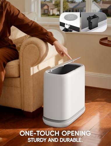 Dog Proof Small Bathroom Trash Can with Lid, Slim Press Top Garbage Can, Narrow White Plastic Waste Basket, for Bathroom Bedroom Office 4.8 Gal with 5 Rolls 75 Trash Bags