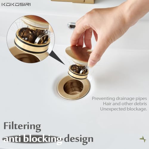 KOKOSIRI Pop Up Sink Drain with Strainer Basket, Bathroom Sink Drain with Detachable Hair Catcher Anti Clogging for Vanity Vessel Sink Without Overflow, Champagne Bronze C1002CPG - color: Champagne Bronze