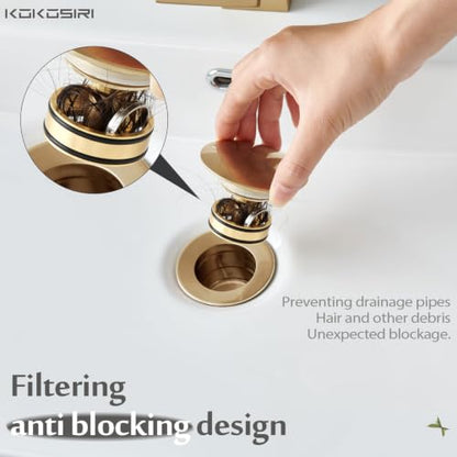 KOKOSIRI Pop Up Sink Drain with Strainer Basket, Bathroom Sink Drain with Detachable Hair Catcher Anti Clogging for Vanity Vessel Sink Without Overflow, Champagne Bronze C1002CPG - color: Champagne Bronze