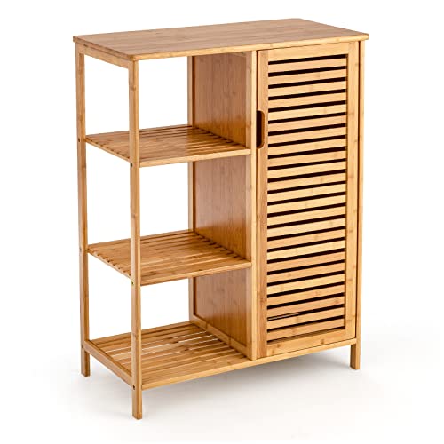 Tangkula Bamboo Bathroom Floor Cabinet, Storage Cabinet with Shutter Door and 3 Tier Shelves, Freestanding Bathroom Cabinet for Living Room Kitchen Hallway, Natural - style: Single Door