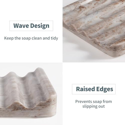 2 Pcs Soap Dish for Bathroom, Marble Bar Soap Holder for Kitchen Countertop, Soap Tray with Wavy Design, Soap Saver for Bath Tub, Sponges, Italian Natural Stone(Palissandro Classico) - color: Palissandro Classico