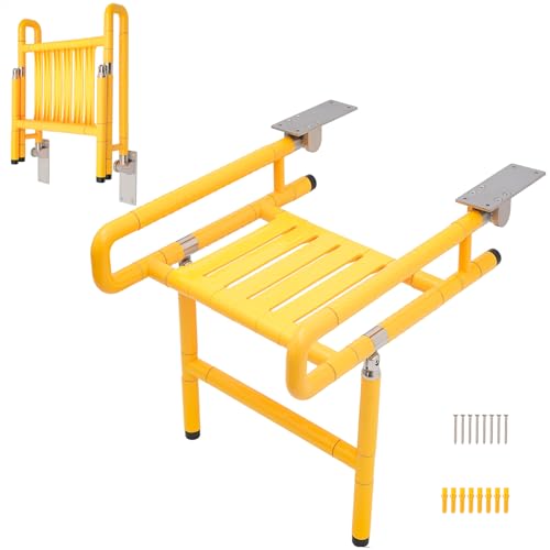 Folding Shower Seat Wall Mounted, Fold Down Shower Chair with Armrests, 440.92 lbs Capacity, Yellow Wall Mounted Bath Seat for Elderly Pregnant Disabled, Stainless Steel Frame, 90° Foldable