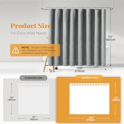 BTTN 108x72 Linen Textured Waterproof Cloth Shower Curtain Set, Grey/Gray | Extra Wide Size, 230GSM Polyester, Heavy Duty Fabric, Weighted Hem, 14 Plastic Hooks, Modern Hotel Style, Machine Washable - color: Grey, size: 108"W x 72"L (Pack of 1)