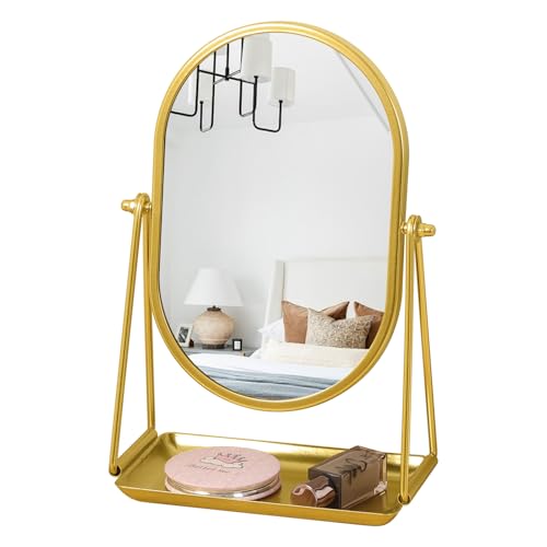 Table Mirror Gold Oval Desk Makeup Mirror with Storage 360°Adjustable Rotation Metal Framed Standing Mirrors Room Decor for Living Room, Bedroom, Office, Bathroom - color: Oval-gold