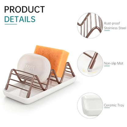 Stainless Steel Soap Dish Draining Soap Holder with Ceramic Tray, Rose Gold | Reversible Design Fits 2-3 Bars, Rustproof, Easy to Clean, Space Saving, Non Slip, for Bathroom, Shower, Kitchen - color: Rose Gold, size: 6.3" x 3.0"(with tray)