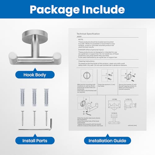 Shower Towel Hook, Wall Mount Robe Hook Holder, Brushed Nickel | Stainless Steel Material, Double Hooks Design, Rust-Resistant, Strong Load-bearing Capacity - color: Brushed Nickel