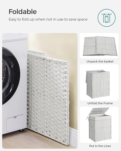 SONGMICS Laundry Hamper with Lid, 23.8 Gallon (90 L) Synthetic Rattan Clothes Laundry Basket with Lid and Handles, Foldable, Removable Liner, Cloud White ULCB51WT - color: Cloud White, size: 90 L