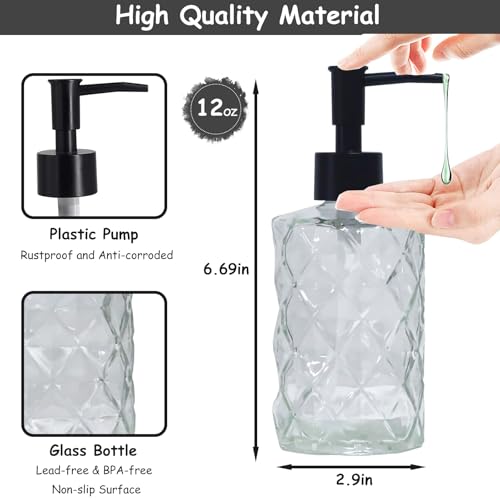 YYTSGG Crystal Clear Glass Soap Dispenser with Black Pump, 2 Pack 12oz | Diamond Hand Dispenser, Refillable Lotion Dispenser & Dish Soap Dispenser, Bathroom Soap Dispenser for Liquid, Shower Gel - color: Transparent