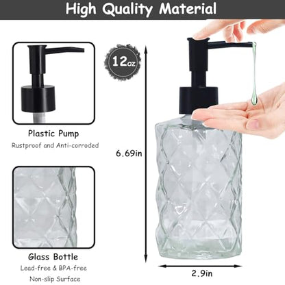 YYTSGG Crystal Clear Glass Soap Dispenser with Black Pump, 2 Pack 12oz | Diamond Hand Dispenser, Refillable Lotion Dispenser & Dish Soap Dispenser, Bathroom Soap Dispenser for Liquid, Shower Gel - color: Transparent