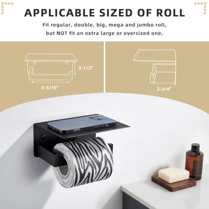 Angle Simple Toilet Paper Holder with Shelf Matte Black, Tissue Roll Holder | SUS304 Stainless Steel Bathroom Toilet Roll Hanger, Fit Most Rolls, Top Shelf for Placing Phones Wet Wipes, Screw Wall Mount - color: Matte Black, size: Single Rod