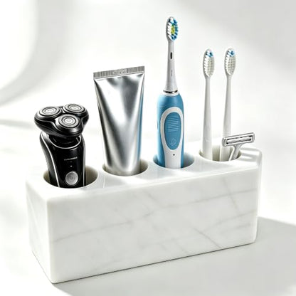 Marble Toothbrush Holder, 4 Slots for Multiple Toothbrushes | Toothbrush Stand Fits Electric Toothbrush, Toothpaste, Razor & Makeup Brushes, Luxury Stone Storage Toothbrush Organizer