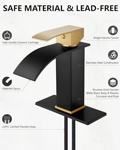 Midanya Waterfall Bathroom Faucet 1 Hole,Brushed Gold Handle/Matte Black | with 24” Hoses,Pop Up Drain,6” Deck Plate,for 1 or 3 Hole Vanity,Lavatory,RV,Single Handle Bathroom Sink Faucet,NSF Certified - color: Gold Handle/Black