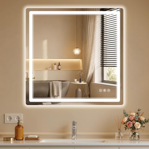 BEAUTYPEAK 30"x30" LED Bathroom Mirror with Lights, Backlit + Front Lit, Anti-Fog, Lighted Bathroom Mirror for Wall, HD Shatterproof Tempered Glass, Dimmable, Memory Function (Horizontal/Vertical) - size: 30"L x 30"W