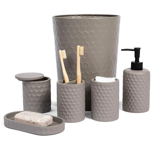 6 Piece Bathroom Accessories Set, Toothbrush Holder, Toothbrush Cup, Soap Dispenser,Bathroom Vanity Tray, Qtip Holder, Trash Can - Cement - color: Cement Effect
