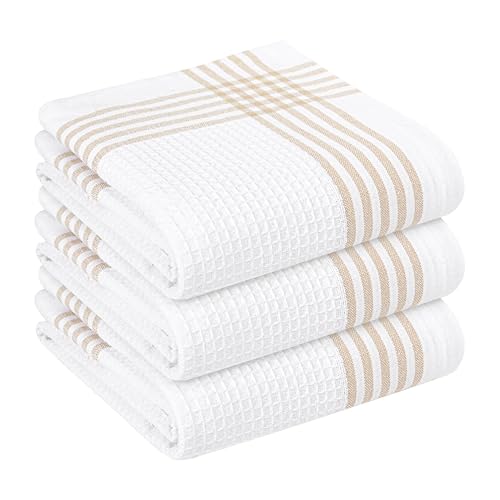 Beige and White Waffle Kitchen Towels 3 Pack, 100% Cotton, 16x26 Inch, Ultra Absorbent, Fast Dry Dish Towels, Reusable Dishcloths for Drying, Cleaning, Kitchen Use - color: Beige, White, style: 3 Pack
