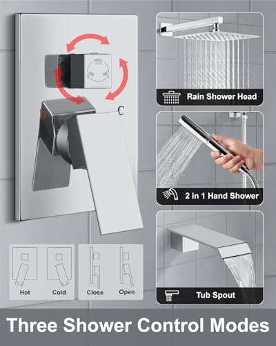 Aolemi Shower System with Tub Spout and Valve Polish Chrome | 10-Inch Square Wall Mounted Rainfall Shower Head and Handheld,3-Function Bathtub Shower Faucet Set - color: Chrome