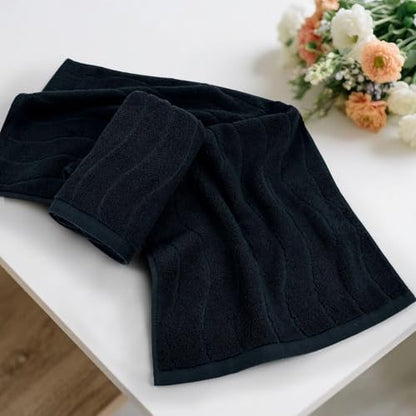 Hand Towels with Wavy Jacquard - Black Face Towels for Bathroom, 2 Piece | Cotton, 13x29 Inches - color: Black