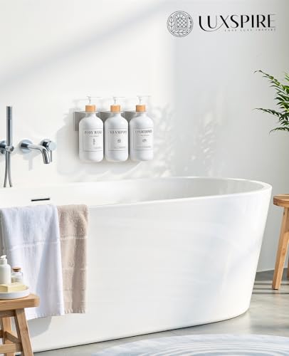 Luxspire 17oz Shampoo and Conditioner Dispenser 3 Sets for Bathroom, White | Matte PET bottle, no-drill stainless bracket, detachable pump, dual wall/counter install with classification stickers - color: Matte White