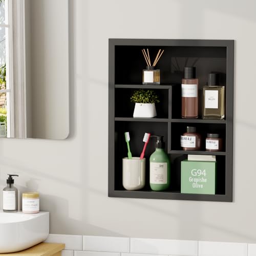 Stainless Steel Recessed Medicine Cabinet 14 * 18, Rust-proof Metal Wall Niche, In Wall Shower Niche Shelf Insert Replacement, Recessed Medicine Cabinets for Drywall, with 4 Compartments, Black - color: Black, size: 18''H * 14''W (4 Compartments)